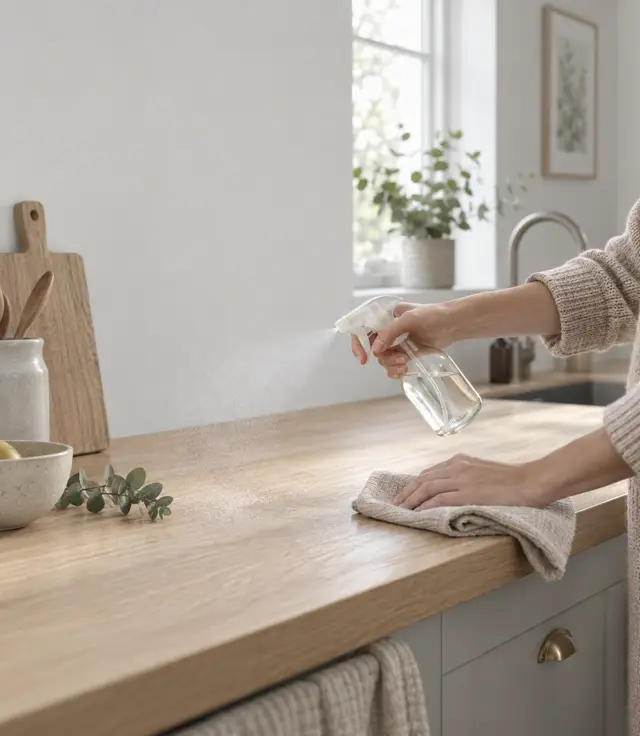 Hands misting a surface with a glass spray bottle