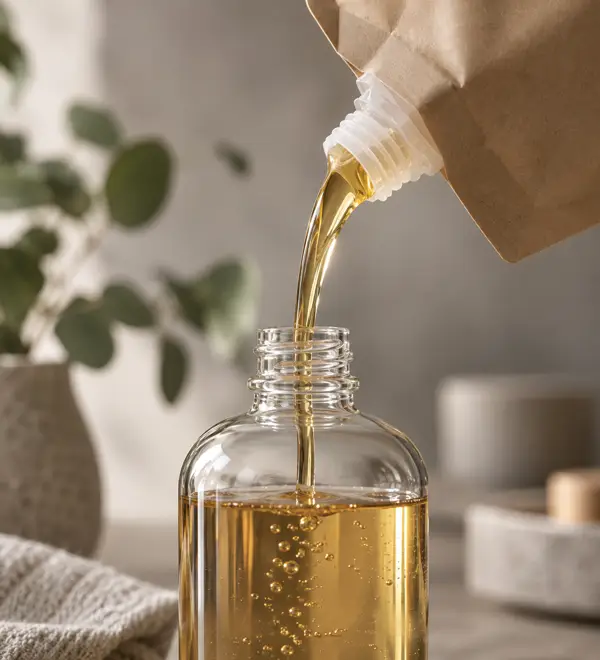 Refill concentrate being poured into a clear glass bottle